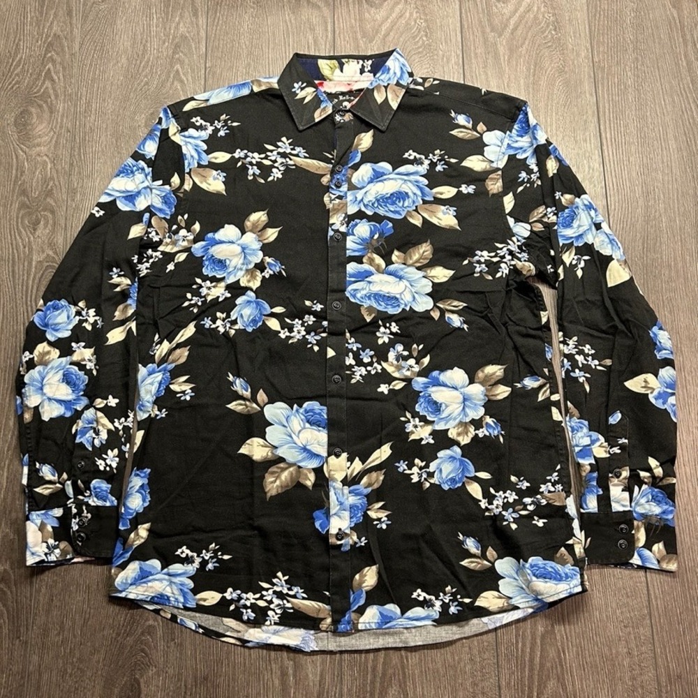 Rock Roll-n-Soul Mens Large Black Blue Rose Floral Long Sleeve Button Down Shirt